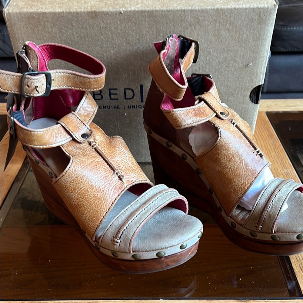 BED STU Tan and Brown Leather Wedge Sandals
